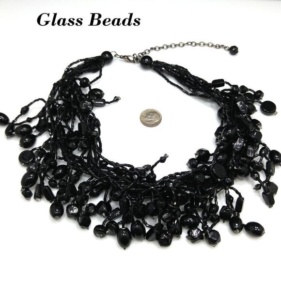 Vintage Black Glass Beaded Necklace, 12 Strands, Black Seed Beads, 21 Inches - Picture 1 of 8